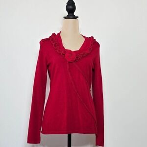 Tribal Long‎ Sleeve Ruffle Trim V-Neck Sweater – Red – Size M